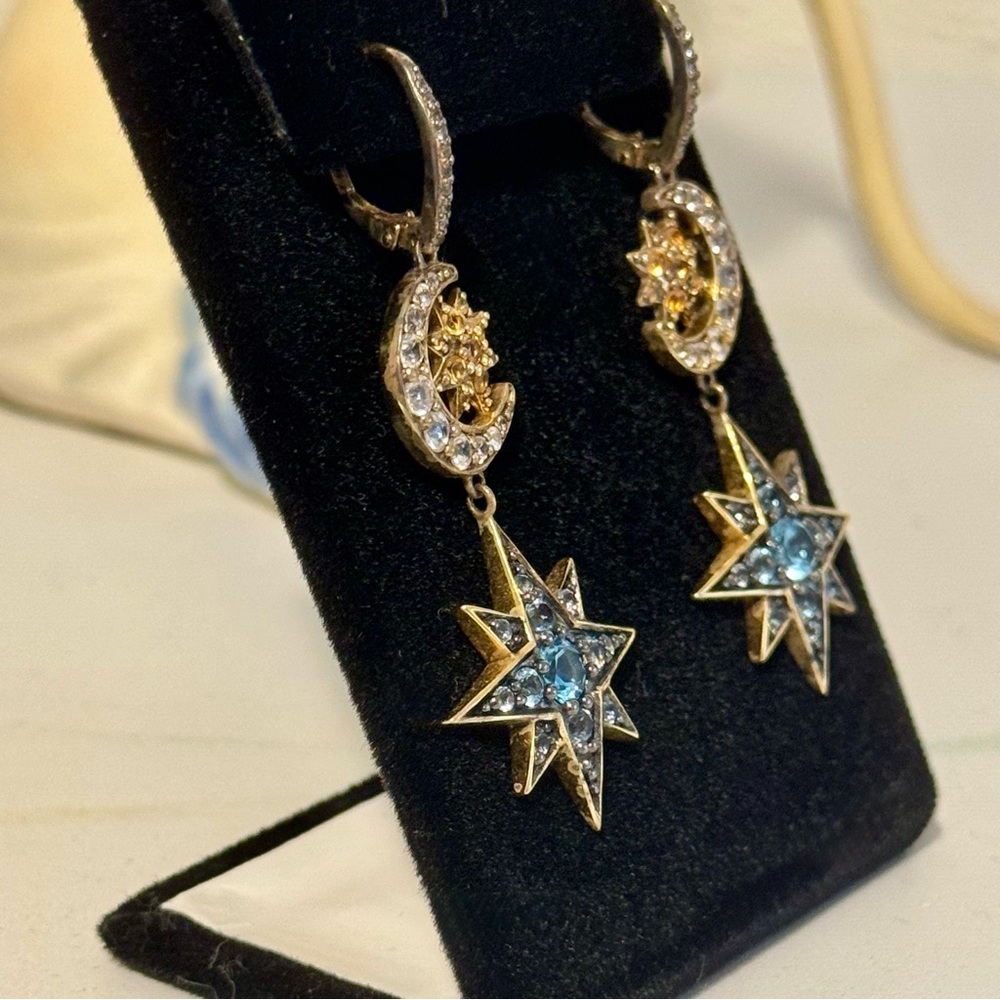 18k Gold Multi-Gemstone Celestial Star and Moon Earrings - Picture 6 of 8